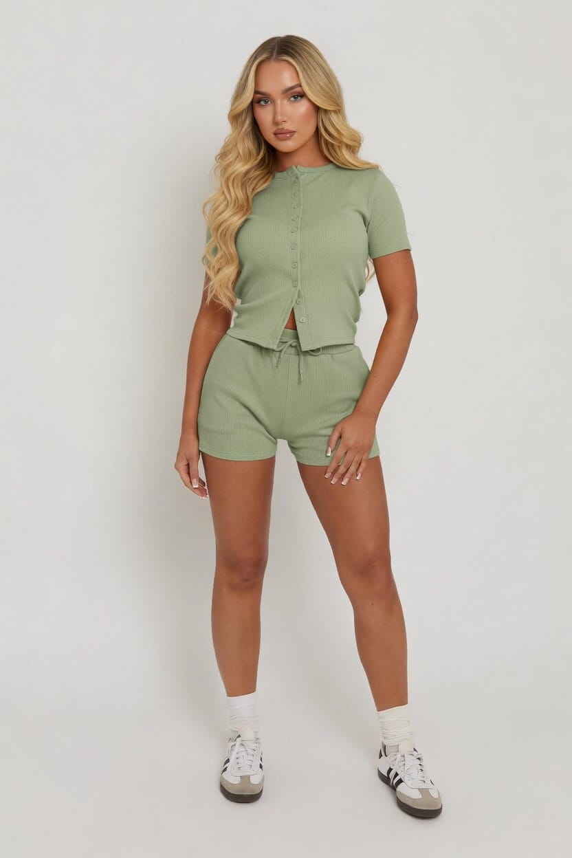 Mae Short Sleeve Rib Button Short Set