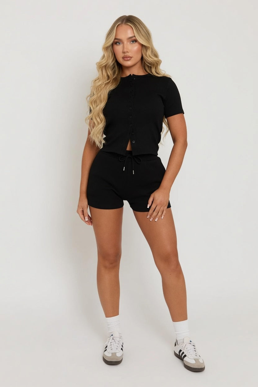Mae Short Sleeve Rib Button Short Set
