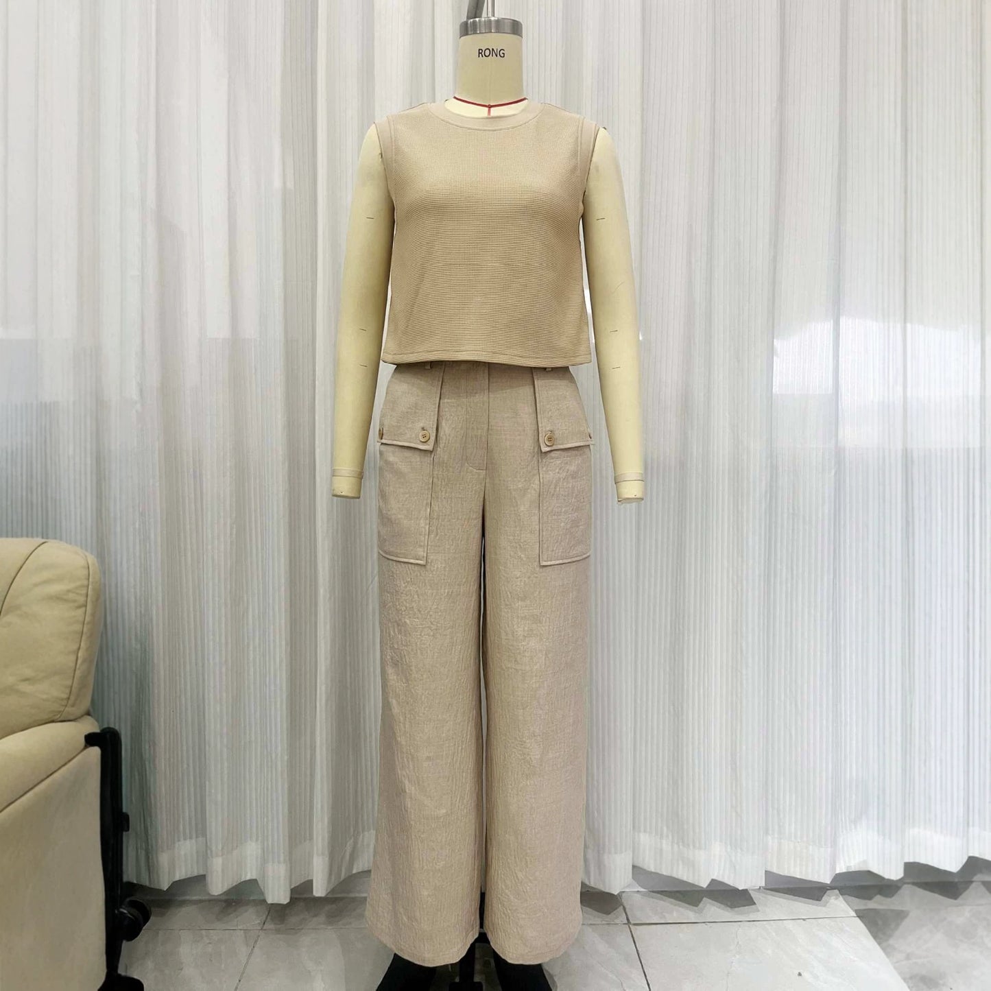 Women’s Khaki Sleeveless Linen-Style Trouser Set