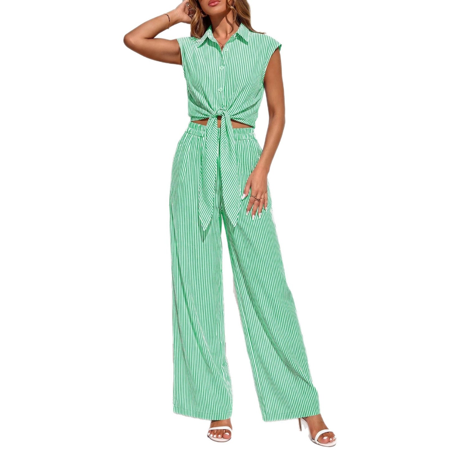 Women’s Striped Buttoned Shirt and Pants Set
