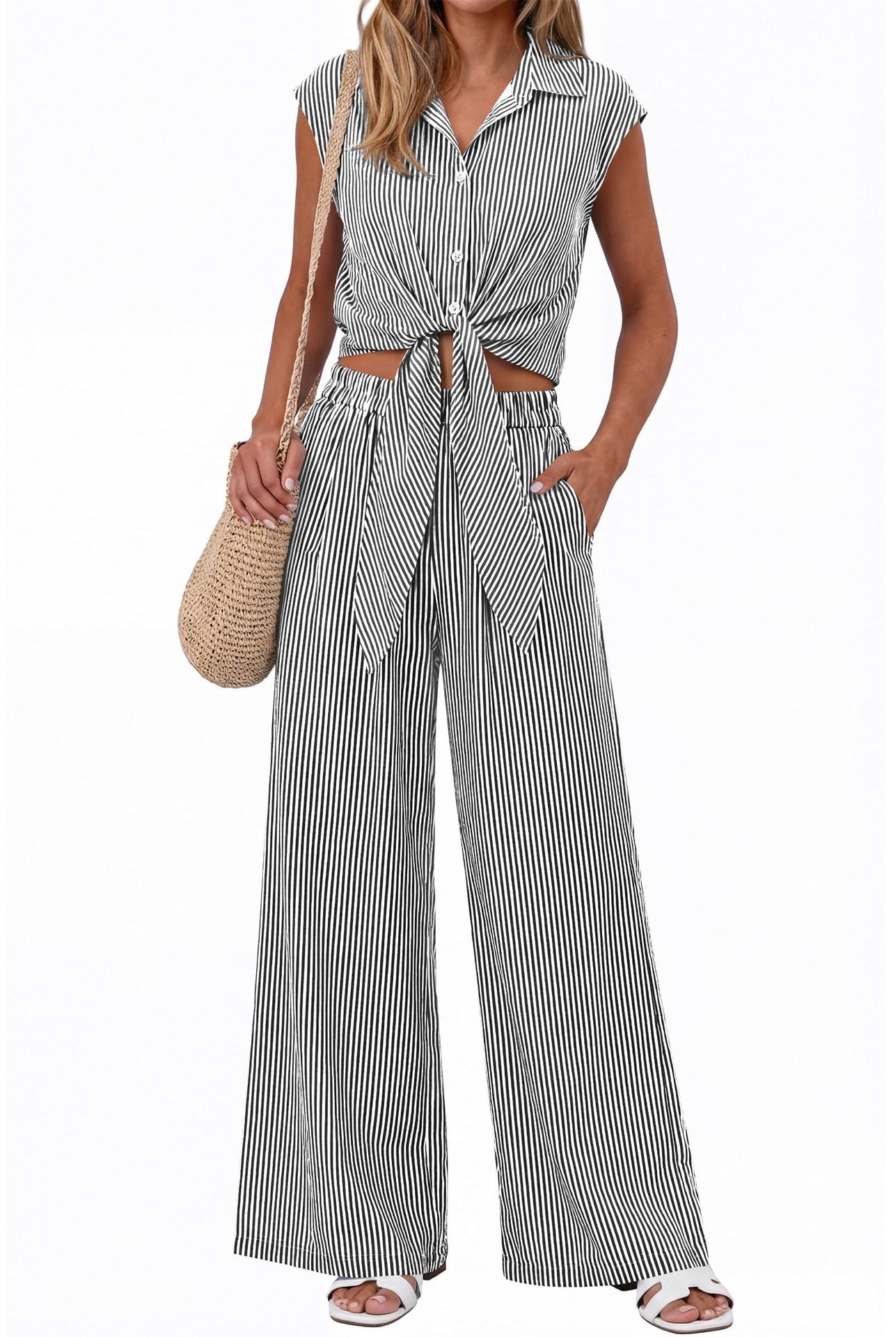 Women’s Striped Buttoned Shirt and Pants Set