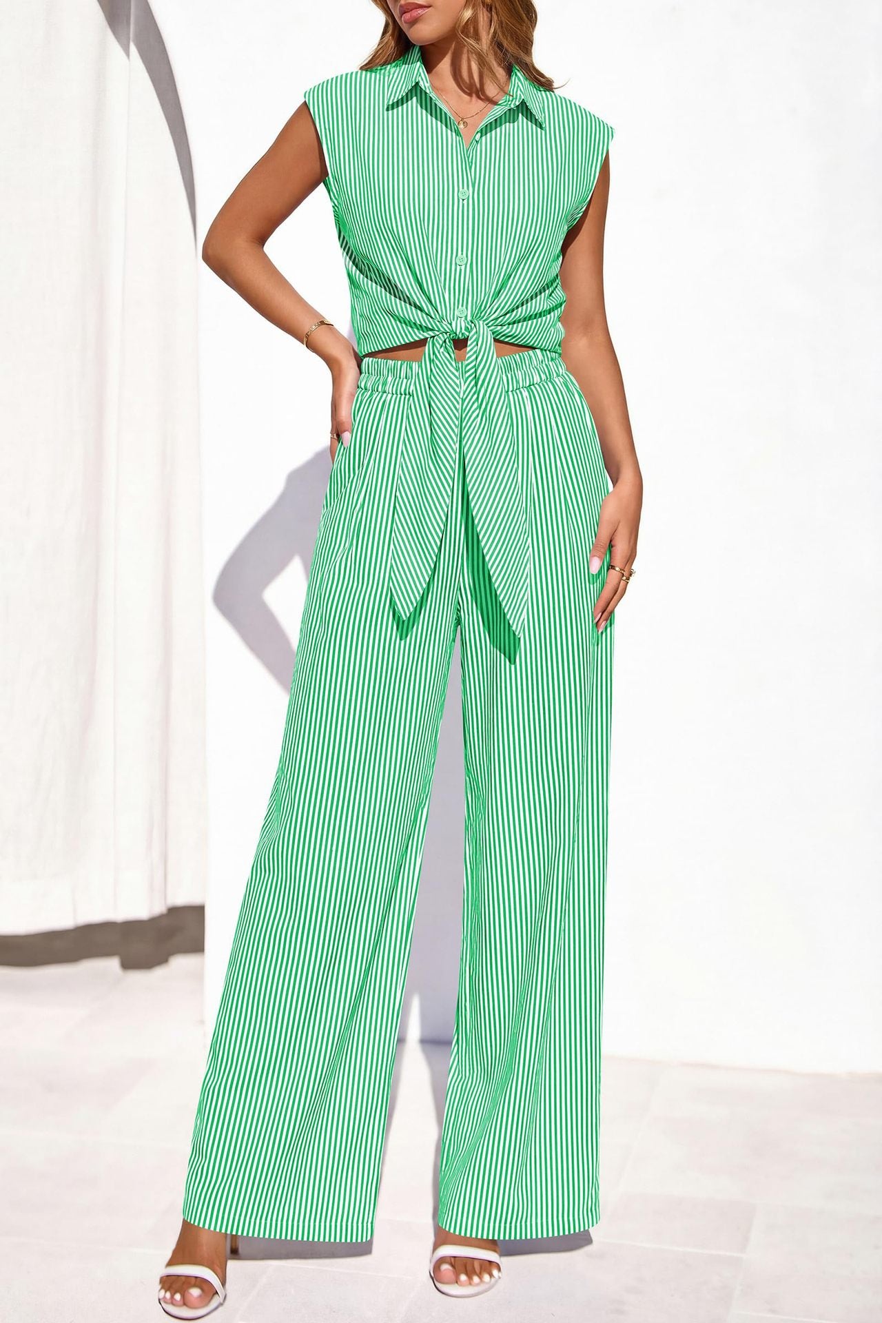 Women’s Striped Buttoned Shirt and Pants Set