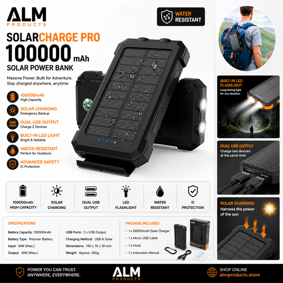 ALM SolarCharge Pro 100000mAh Solar Power Bank