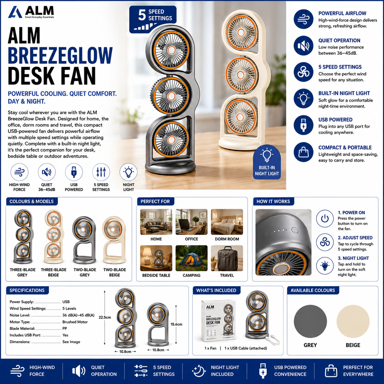ALM BreezeGlow Desk Fan