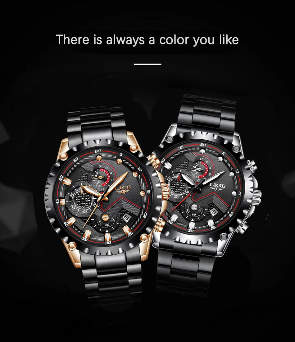 Men’s LIGE Stainless Steel 30m Waterproof Quartz Watch