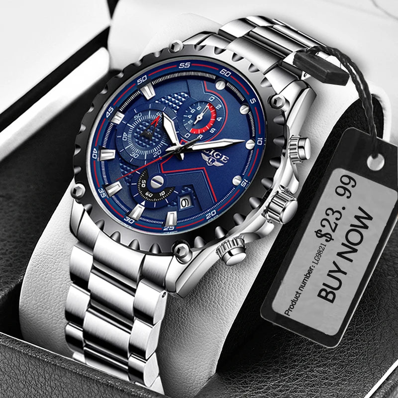 Men’s LIGE Stainless Steel 30m Waterproof Quartz Watch