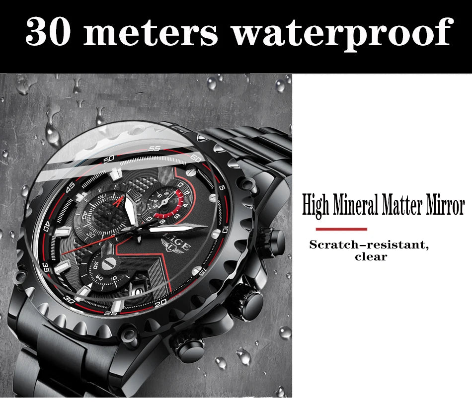 Men’s LIGE Stainless Steel 30m Waterproof Quartz Watch