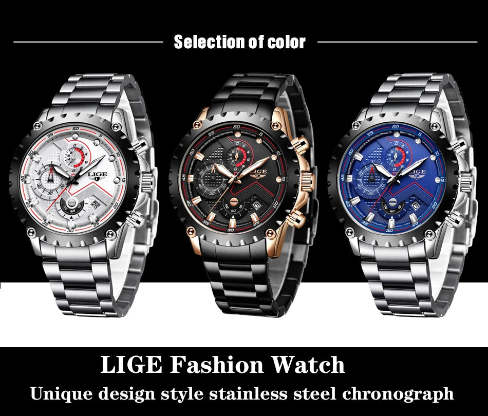 Men’s LIGE Stainless Steel 30m Waterproof Quartz Watch