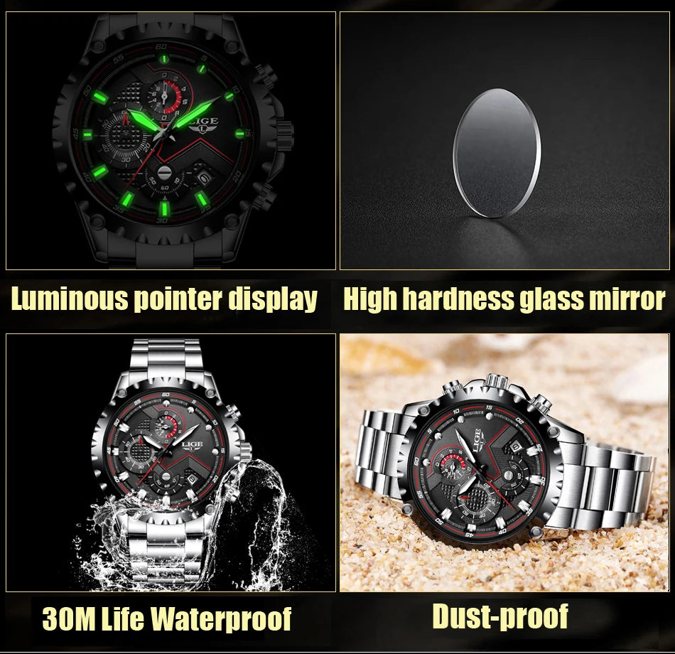 Men’s LIGE Stainless Steel 30m Waterproof Quartz Watch