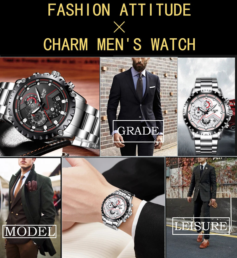 Men’s LIGE Stainless Steel 30m Waterproof Quartz Watch