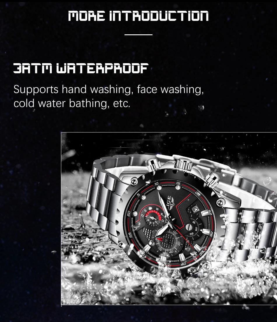 Men’s LIGE Stainless Steel 30m Waterproof Quartz Watch
