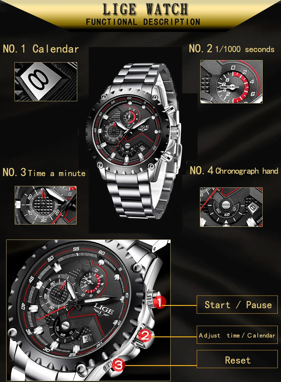 Men’s LIGE Stainless Steel 30m Waterproof Quartz Watch
