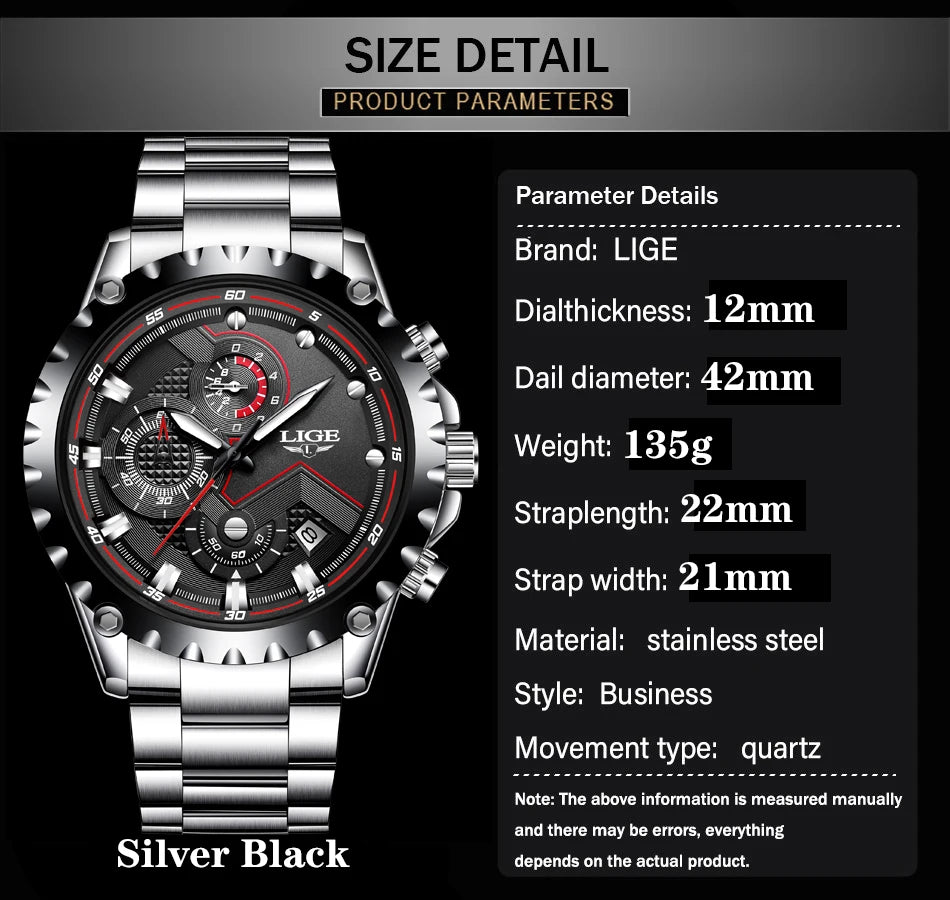 Men’s LIGE Stainless Steel 30m Waterproof Quartz Watch