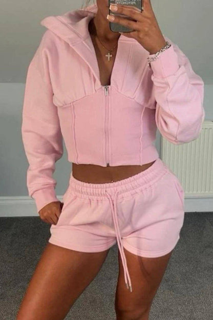 Women’s Cropped Zipped Co-Ord Hooded Short Set