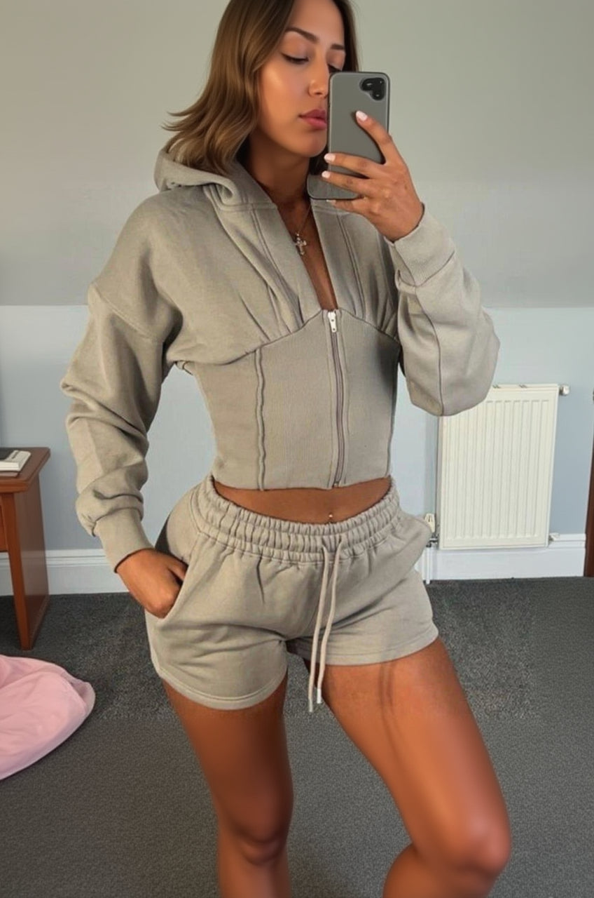 Women’s Cropped Zipped Co-Ord Hooded Short Set