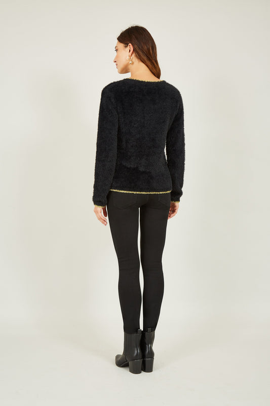 Yumi Black Fluffy Star Christmas Jumper