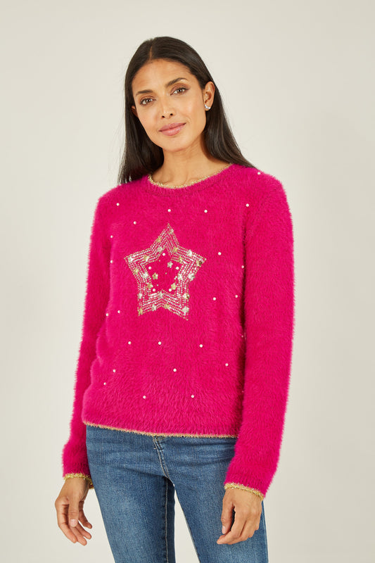 Mela Pink Fluffy Star Christmas Jumper