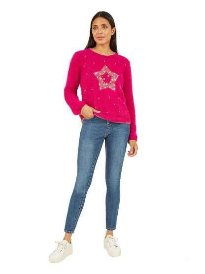 Mela Pink Fluffy Star Christmas Jumper