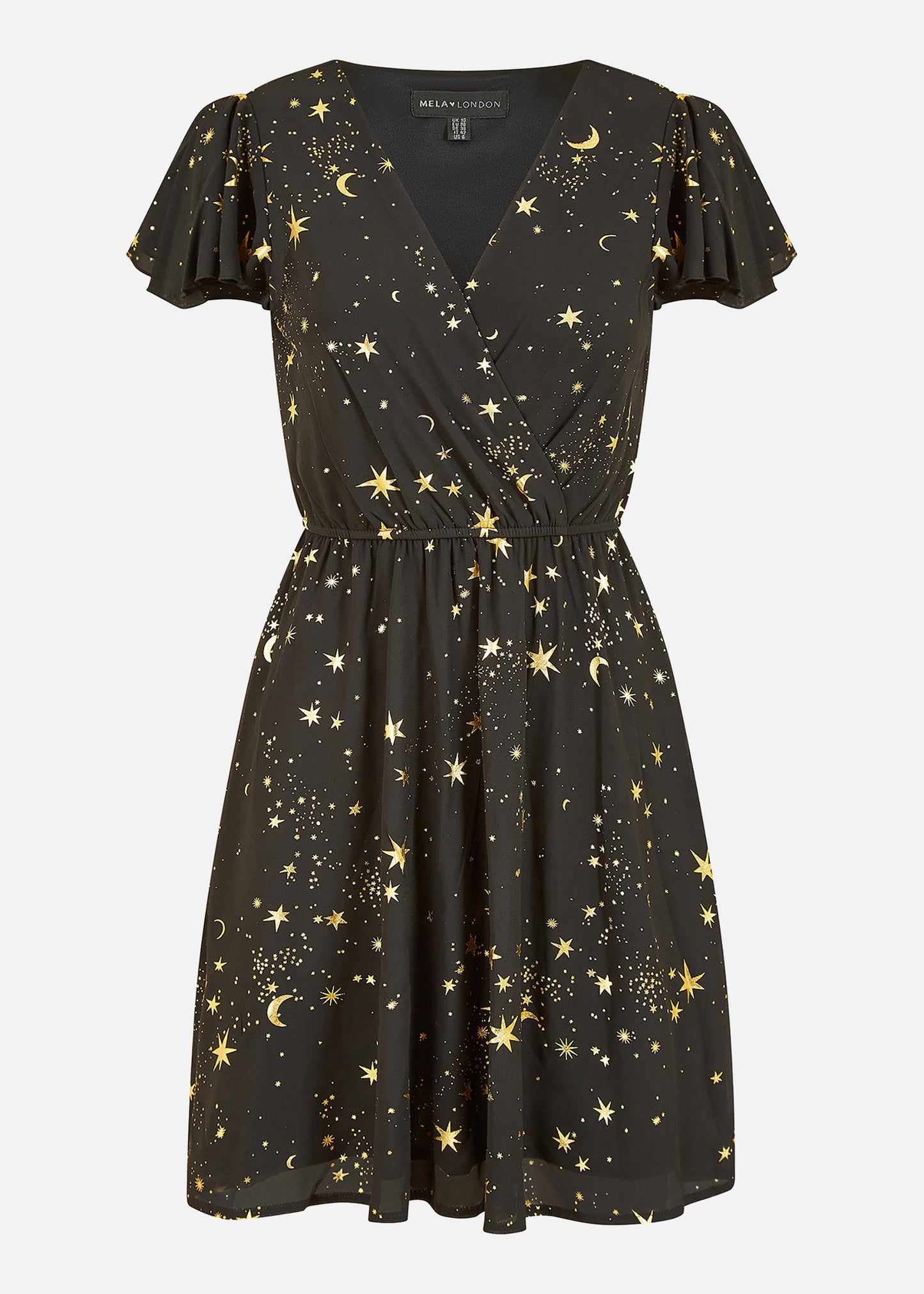 Mela Black Foil Star Print Wrap Skater Dress