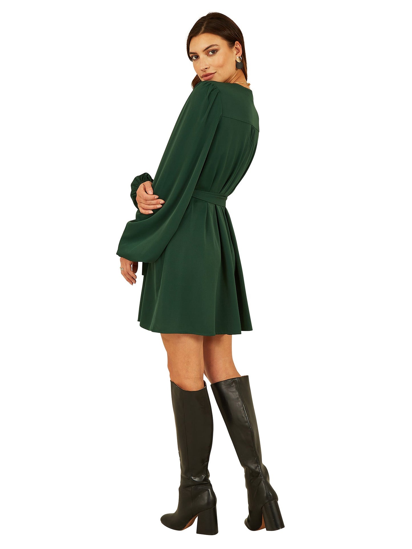 Mela Green Balloon Sleeve Shirt Dress
