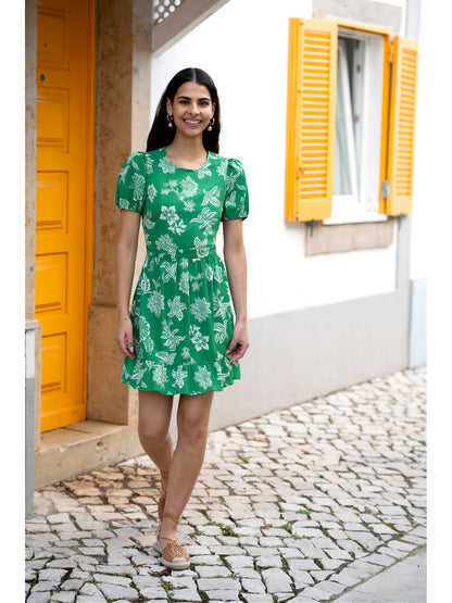 Mela Green Floral Print Skater Dress With Back Tie
