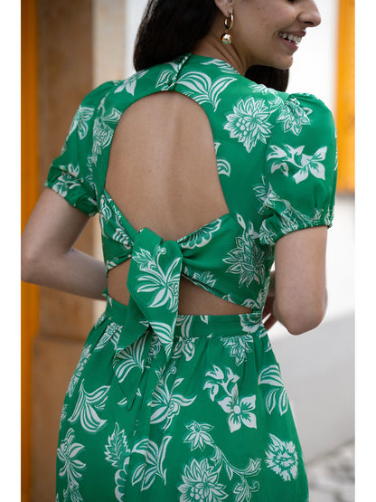 Mela Green Floral Print Skater Dress With Back Tie