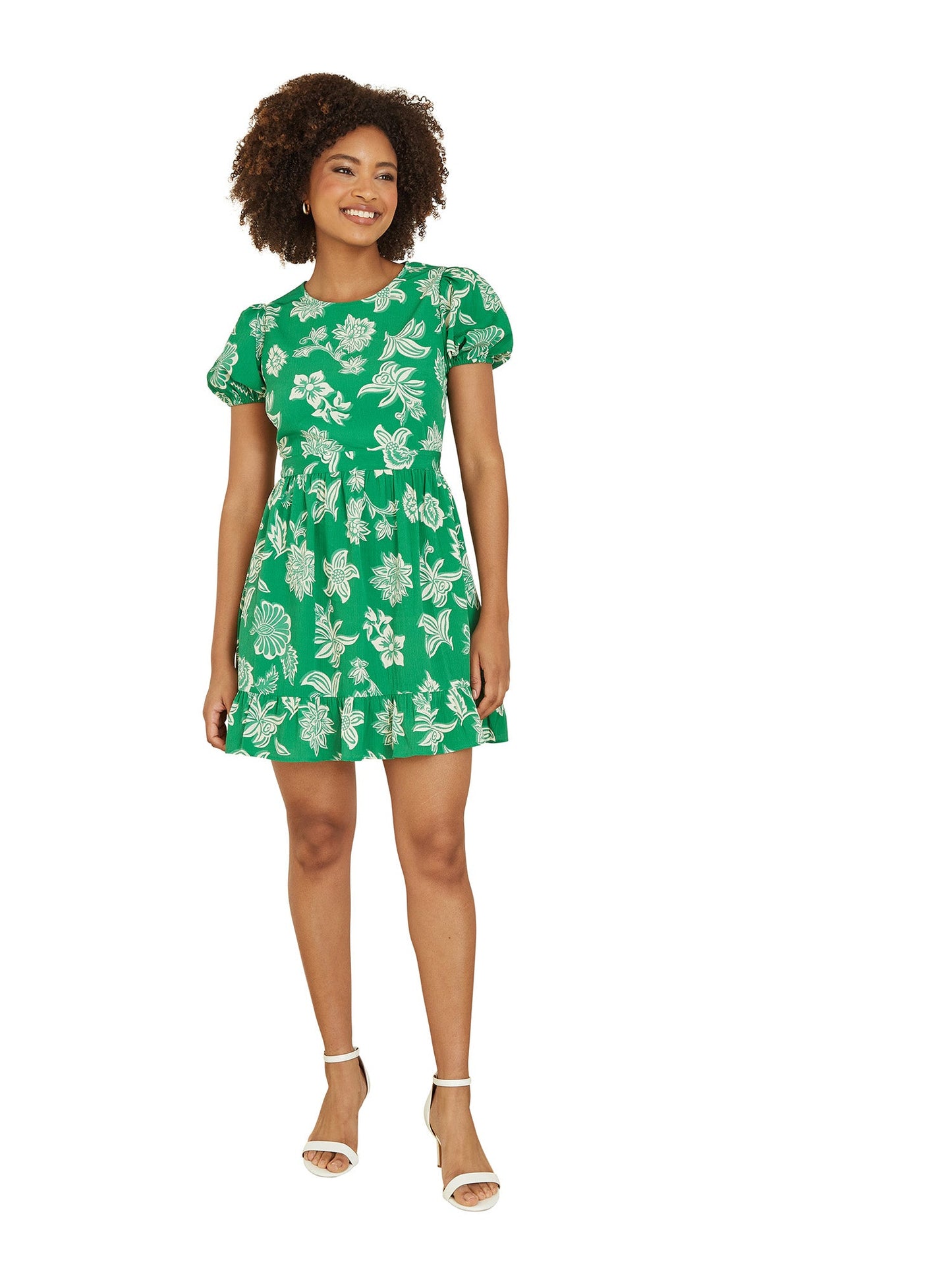 Mela Green Floral Print Skater Dress With Back Tie