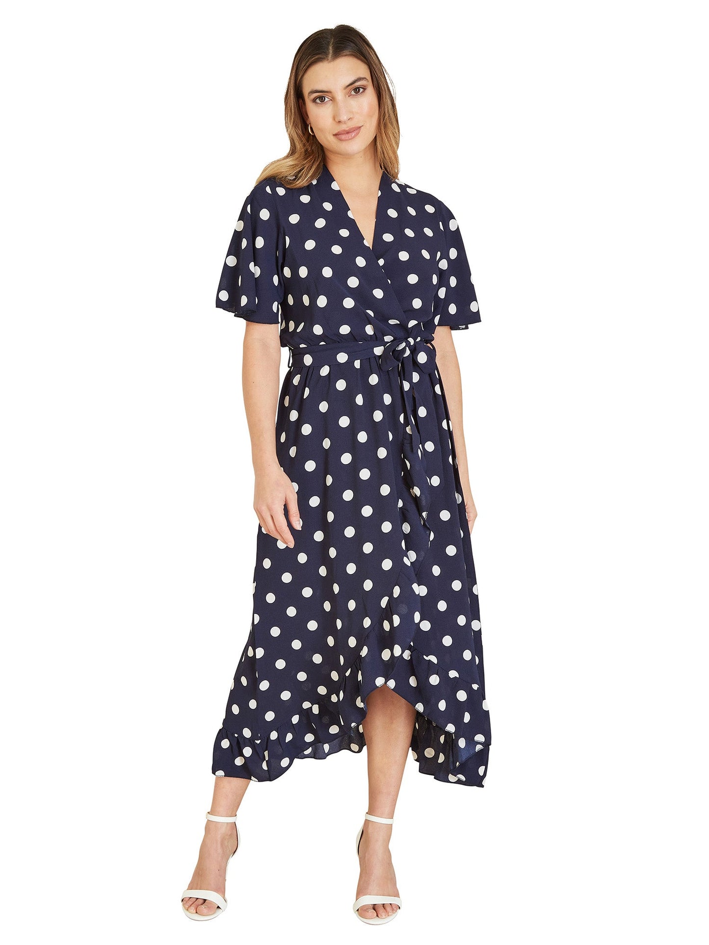 Mela Navy Spot Print Wrap Midi Dress With Frill Detail