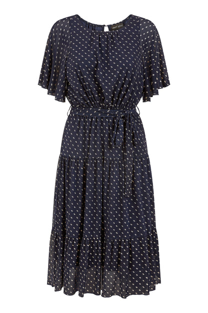 Yumi Navy Dot Print Mesh Stretch Midi Skater Dress