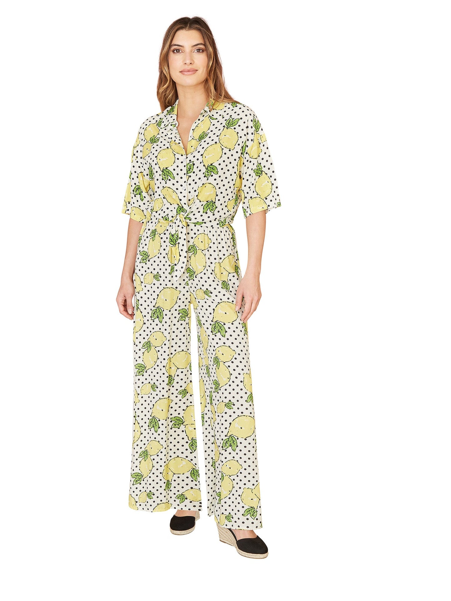 Mela White Viscose Lemon Print Relaxed Fit Trousers