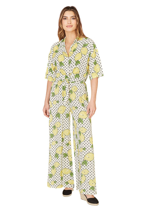 Mela White Viscose Lemon Print Relaxed Fit Trousers