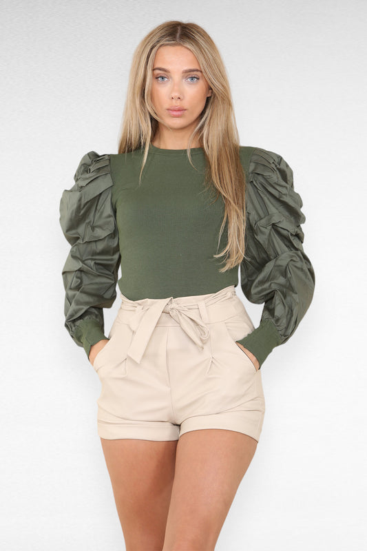 PU Faux Leather Belted Wet Look Shorts With Strap