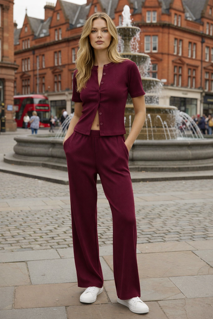 Women’s Mae Short Sleeve Rib Button Trouser Suit