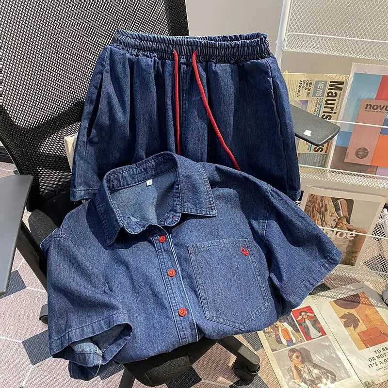 Women’s Denim-Effect Shirt & Shorts Set