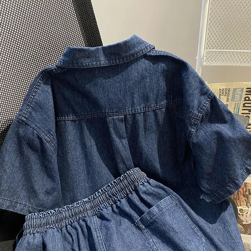 Women’s Denim-Effect Shirt & Shorts Set
