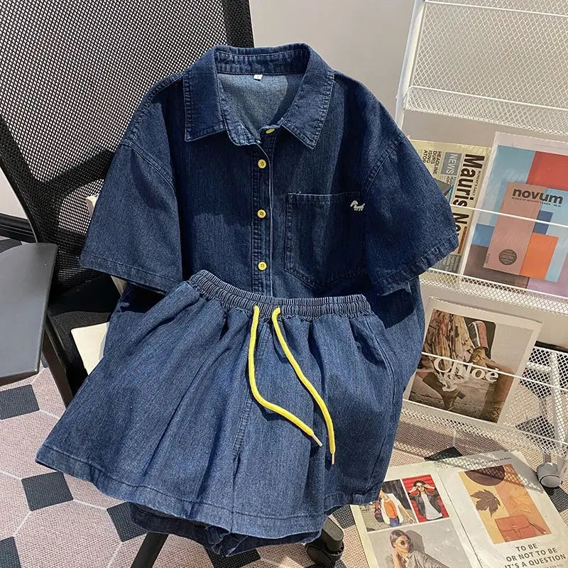 Women’s Denim-Effect Shirt & Shorts Set