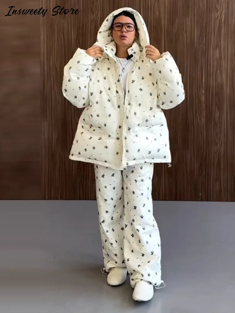 Women’s Chic Striped Hooded Puffer Co-ord Set