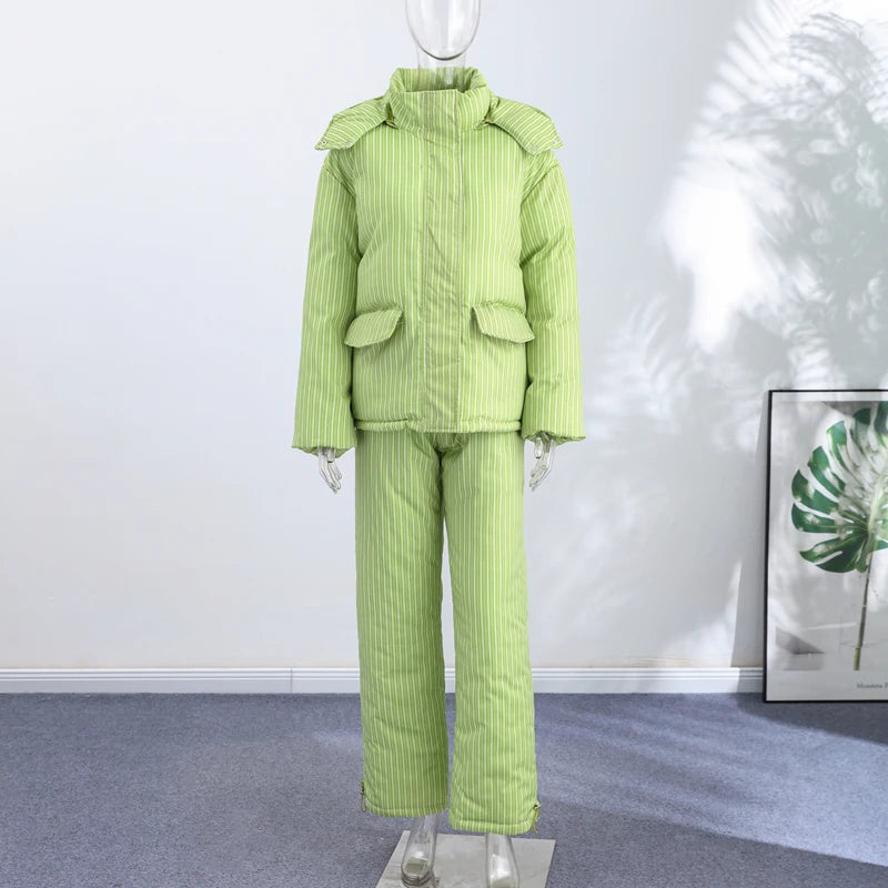Women’s Chic Striped Hooded Puffer Co-ord Set