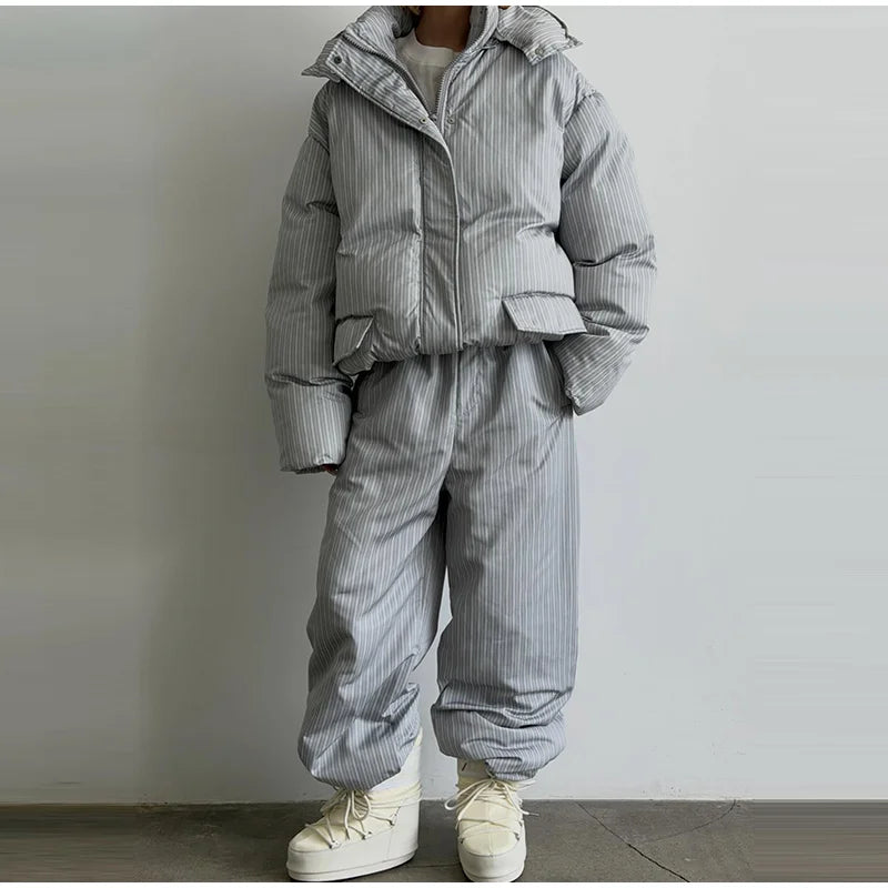 Women’s Chic Striped Hooded Puffer Co-ord Set