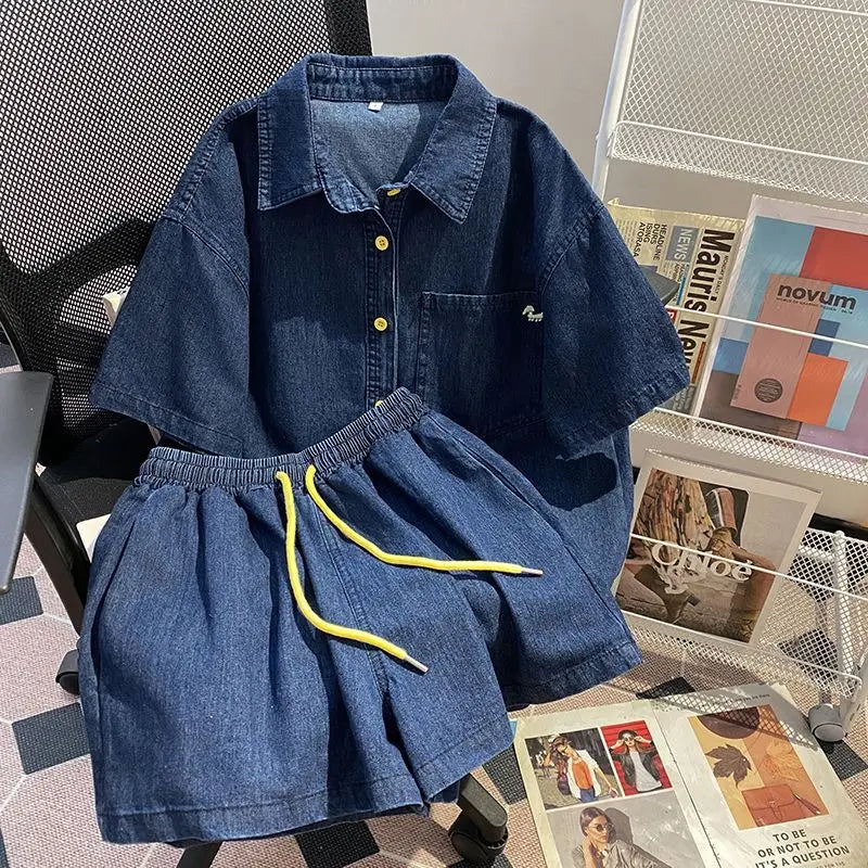 Women’s Denim-Effect Shirt & Shorts Set
