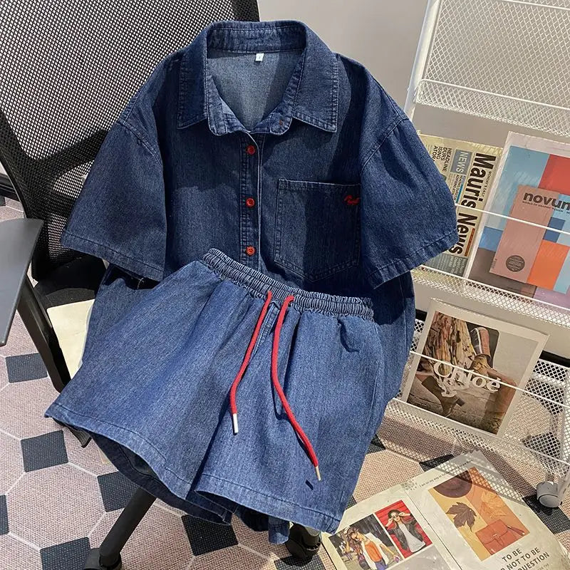 Women’s Denim-Effect Shirt & Shorts Set