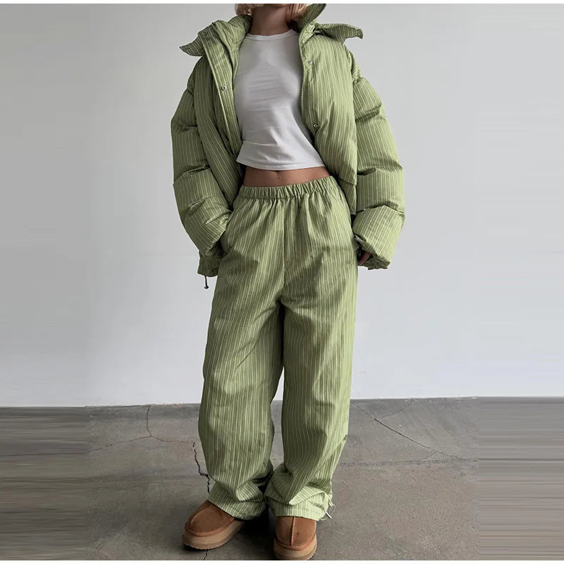 Women’s Chic Striped Hooded Puffer Co-ord Set
