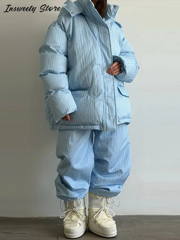 Women’s Chic Striped Hooded Puffer Co-ord Set