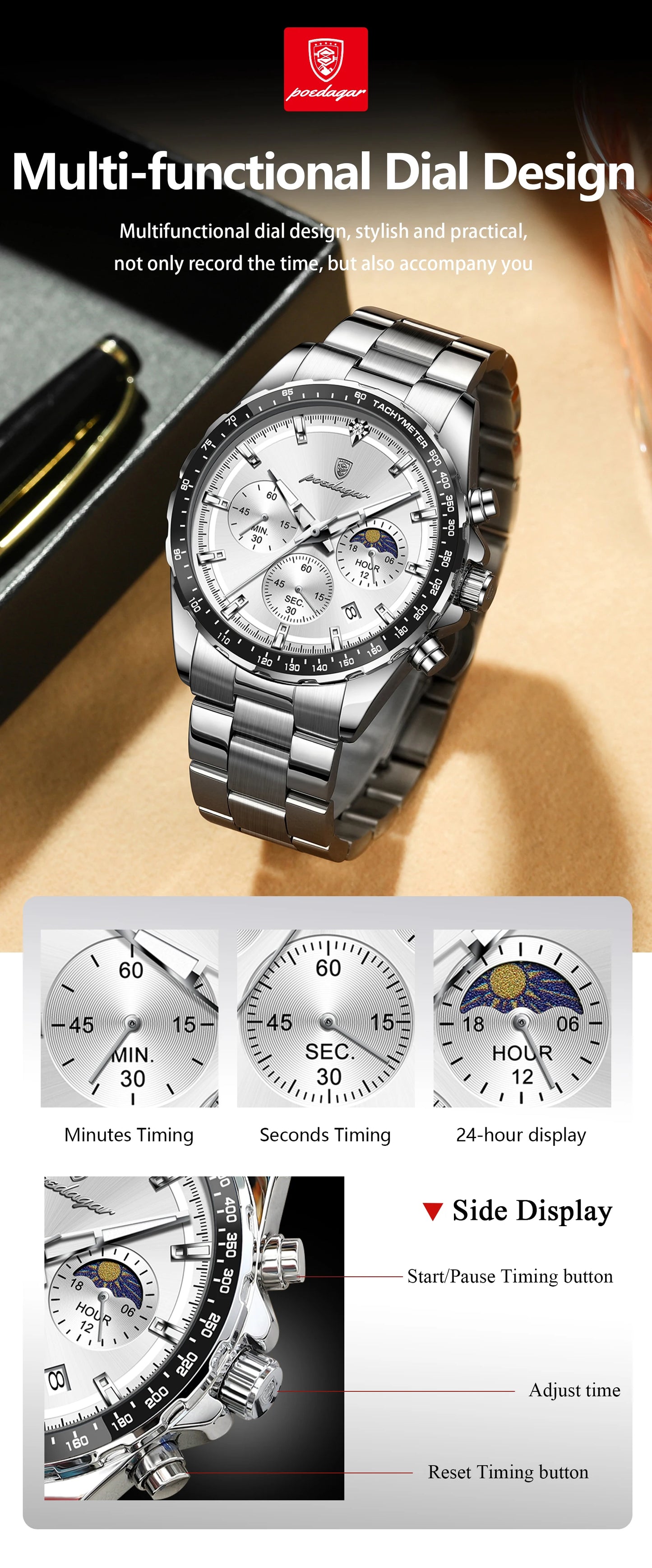 Men’s POEDAGAR Waterproof Stainless Steel Watch