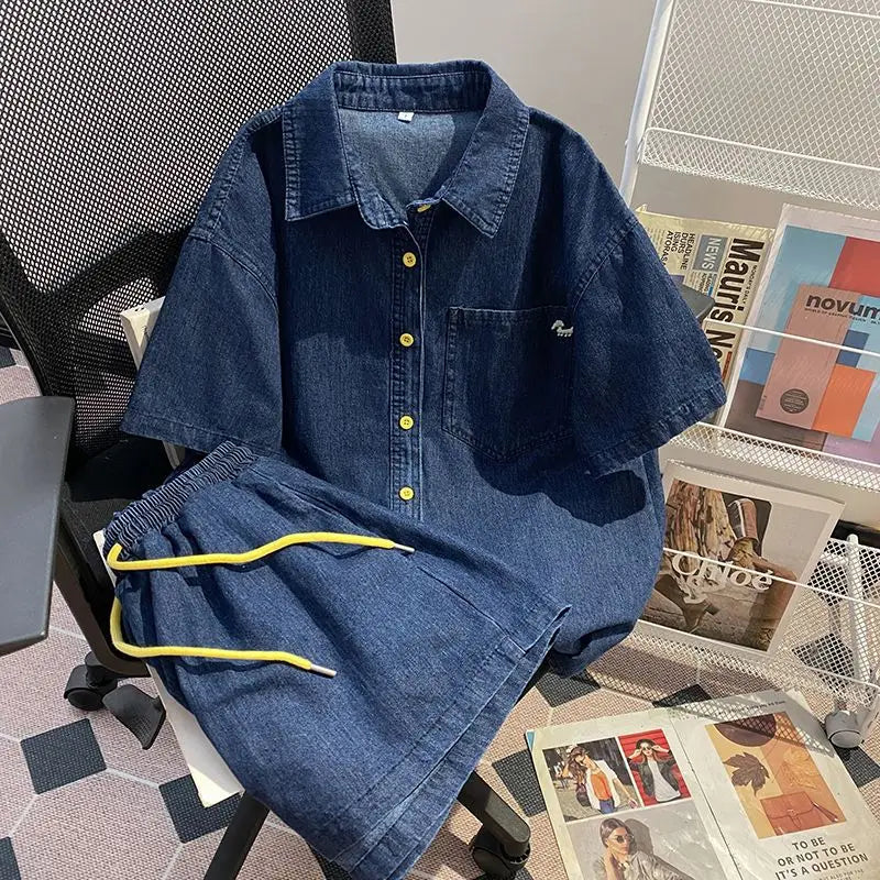 Women’s Denim-Effect Shirt & Shorts Set