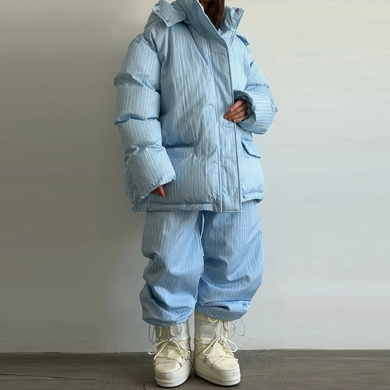 Women’s Chic Striped Hooded Puffer Co-ord Set