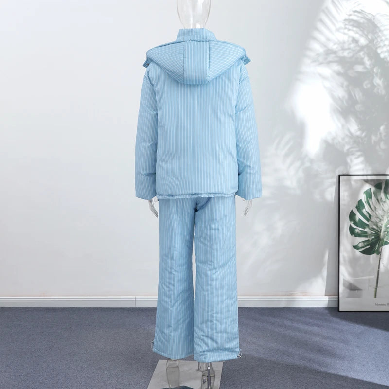 Women’s Chic Striped Hooded Puffer Co-ord Set