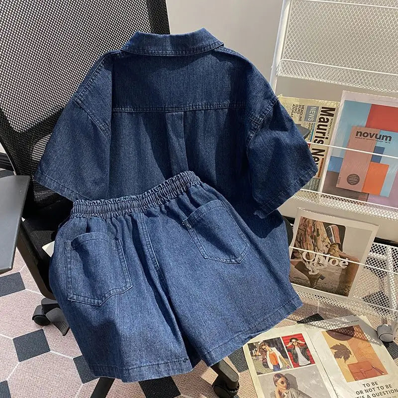 Women’s Denim-Effect Shirt & Shorts Set