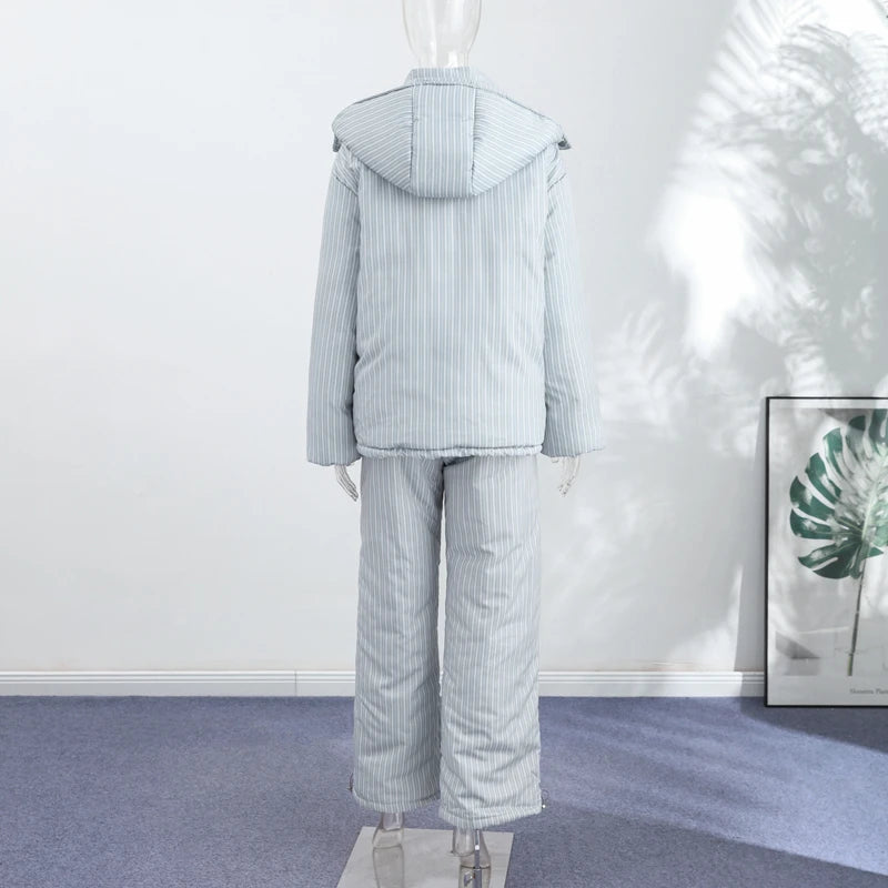 Women’s Chic Striped Hooded Puffer Co-ord Set