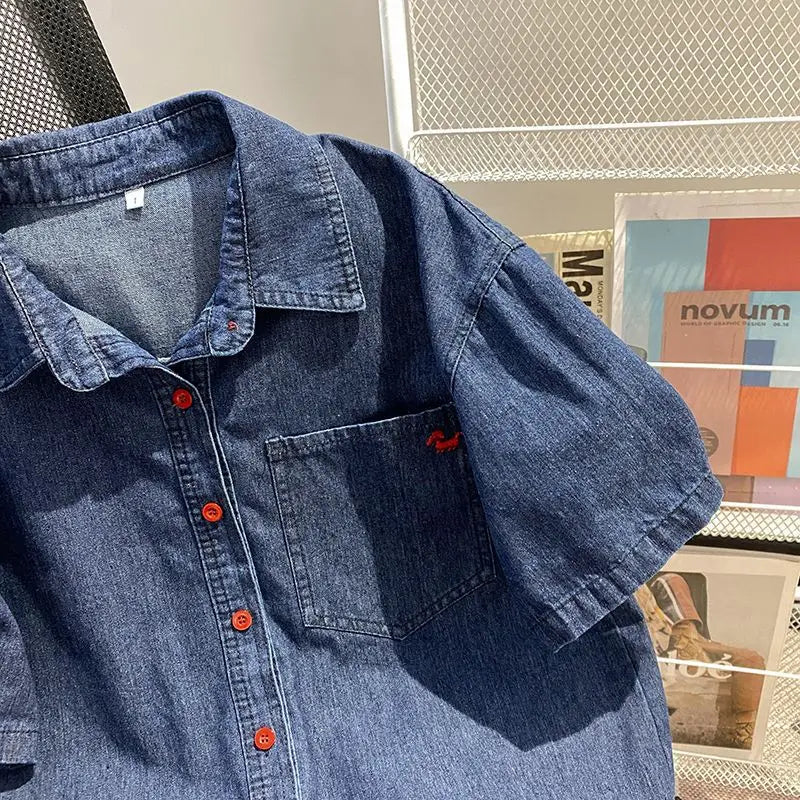 Women’s Denim-Effect Shirt & Shorts Set